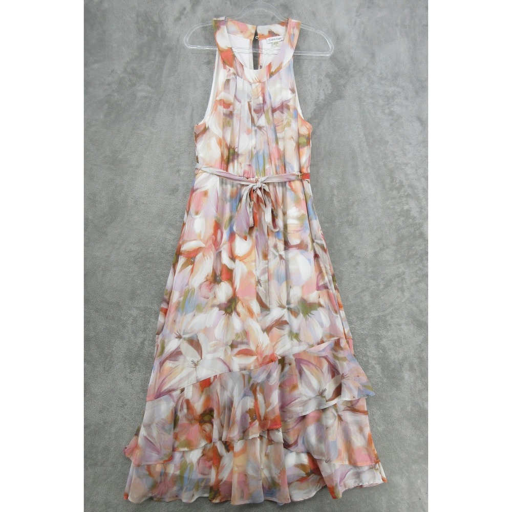 Calvin Klein Dress Womens Size 14 Floral Chiffon Sheer Overlay Ruffle Maxi Pink
